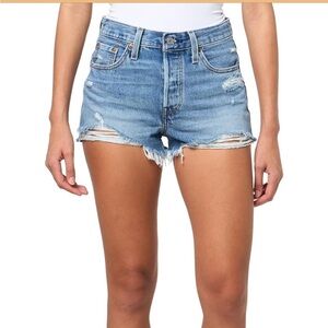 Light Wash Distressed Denim Shorts - Blue